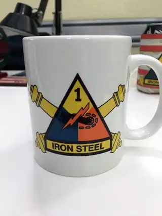 Sublimation coffee cup with U.S. Army Iron Steel artwork