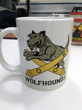 Sublimation coffee cup with U.S. Army Wolfhounds artwork