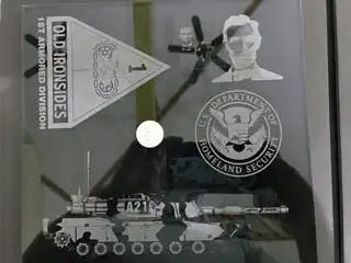 M1 Abrams, 1st Armored Division and DHS imagery etched into glass
