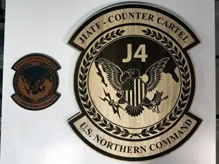 Large JIATF Counter Cartel crest laser engraved and cut from poplar