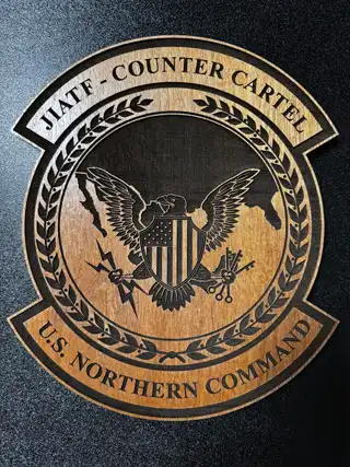 JIATF Counter Cartel crest laser engraved and cut from mahogany