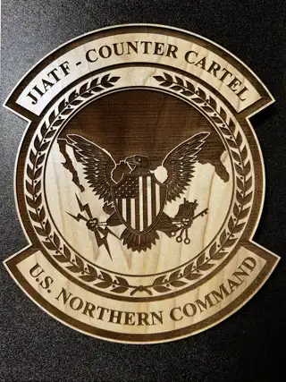 JIATF Counter Cartel crest laser engraved and cut from poplar
