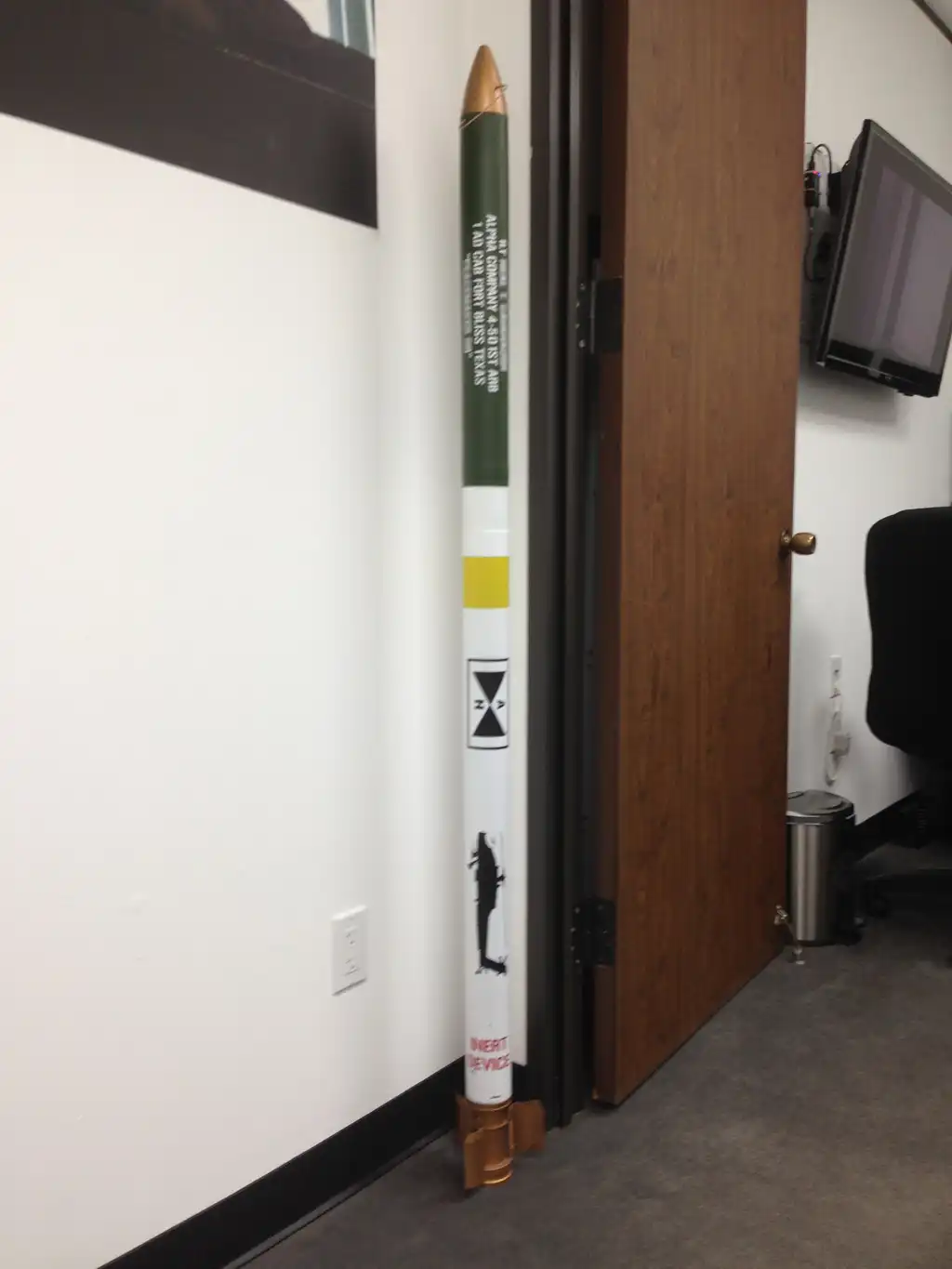 Refurbished Hydra 70 practice rocket displayed as a U.S. Army 501st retirement gift