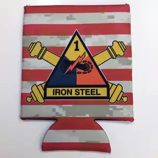 Custom beverage koozie with U.S. Army Iron Steel artwork