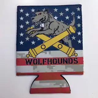 Custom beverage koozie with U.S. Army Wolfhounds artwork